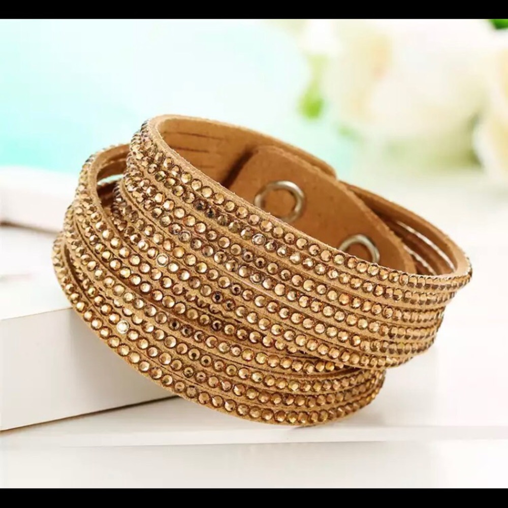 Faux Suede Tan Brown Golden Bronze Rhinestone Crystal Wrap Bracelet
